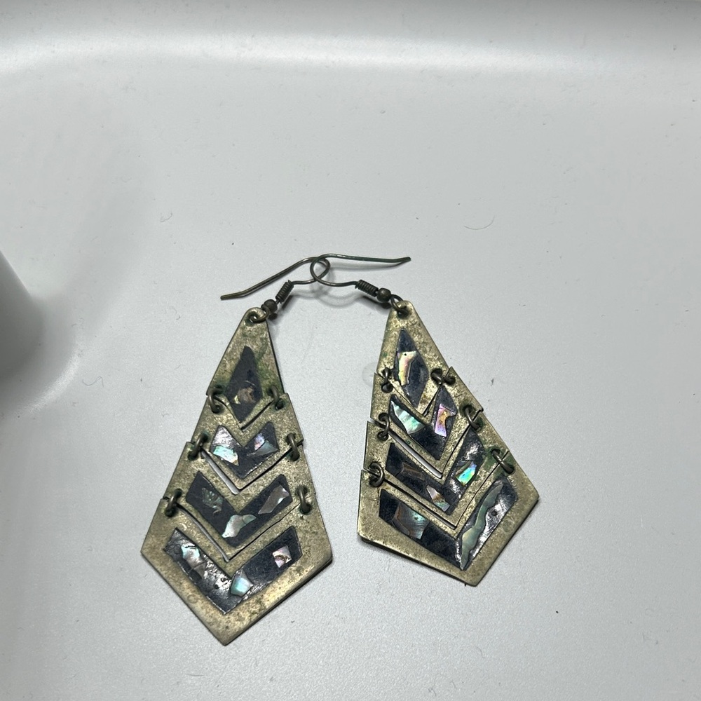 Vintage articulated Mother of pearl accents Chevron Drop Earrings